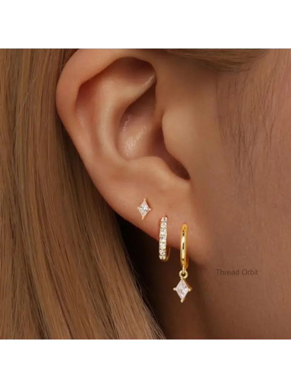 3 Pairs Gold Plated Sterling Silver Huggie Hoop & CZ Stud Earring Set